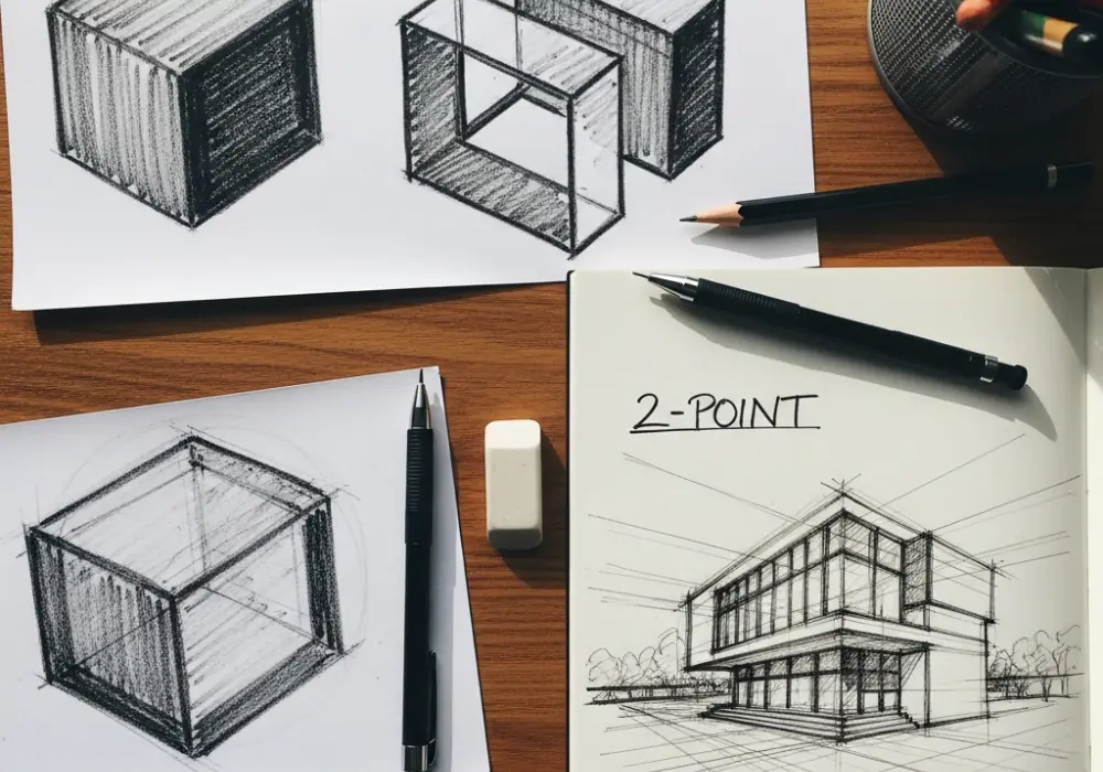 Designer workspace with sketches of 3D geometric shapes and perspective drawings for NID DAT preparation.