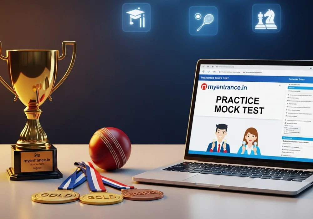 Aesthetic representation of sports trophies, medals, and study materials for SSC General Awareness exam preparation.