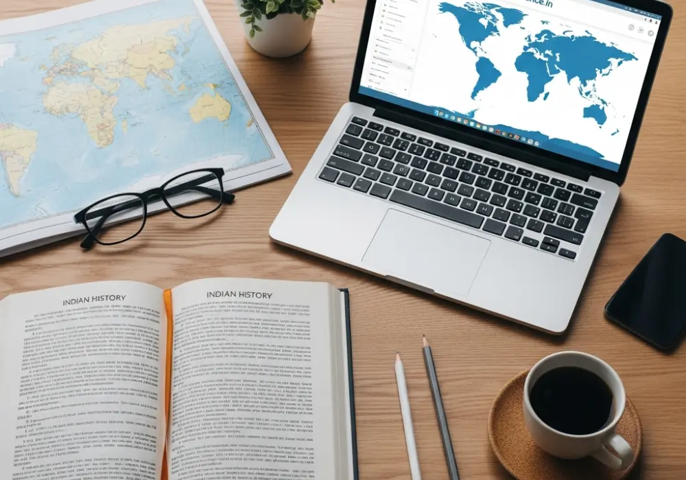 Static GK study materials including maps, history books, and a laptop for online mock tests on a wooden desk.