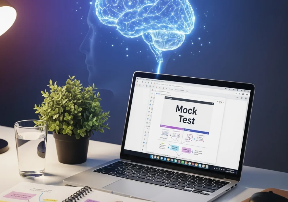 A clean, modern study desk with a laptop and brain silhouette representing cognitive skill enhancement for exam preparation.