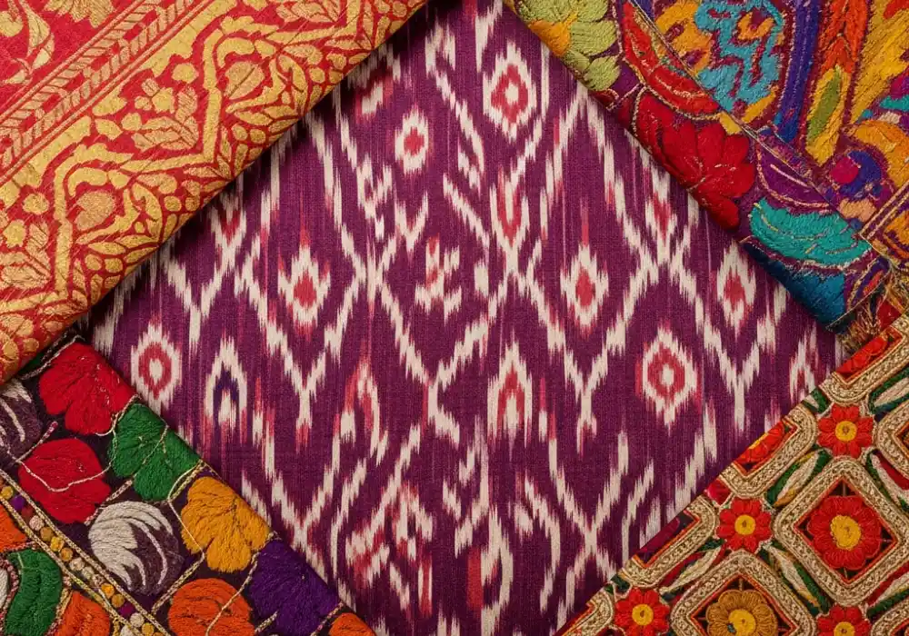 Detailed textures of various Indian handloom fabrics like Silk and Cotton for NIFT exam preparation.