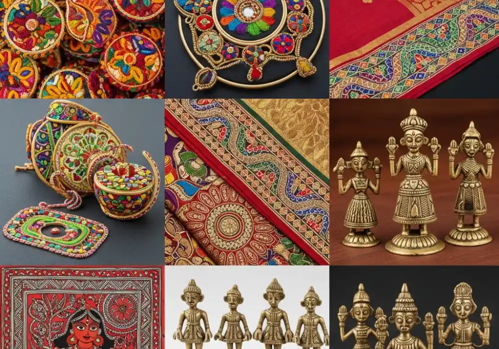 A diverse collection of Indian handlooms and handicrafts representing different states.