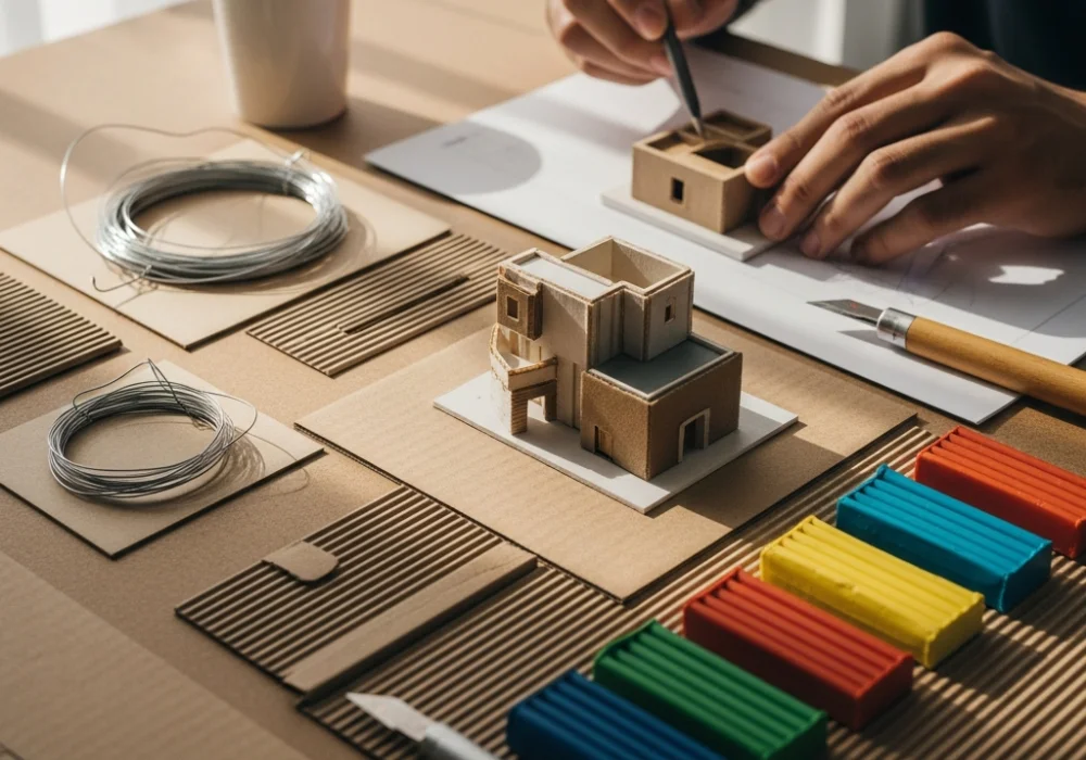 Designer desk with 3D model making materials like cardboard, wire, and clay for NIFT Situational Test preparation.