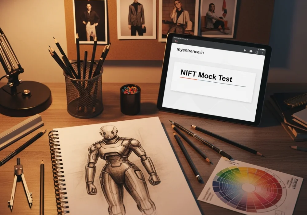 A design student's desk with NIFT preparation material, sketches, and a color wheel.