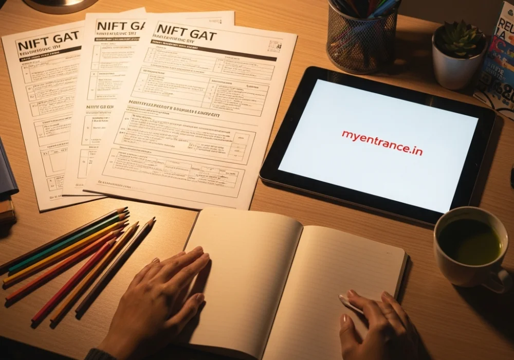 NIFT GAT exam preparation desk with sample papers and online mock tests on a tablet.