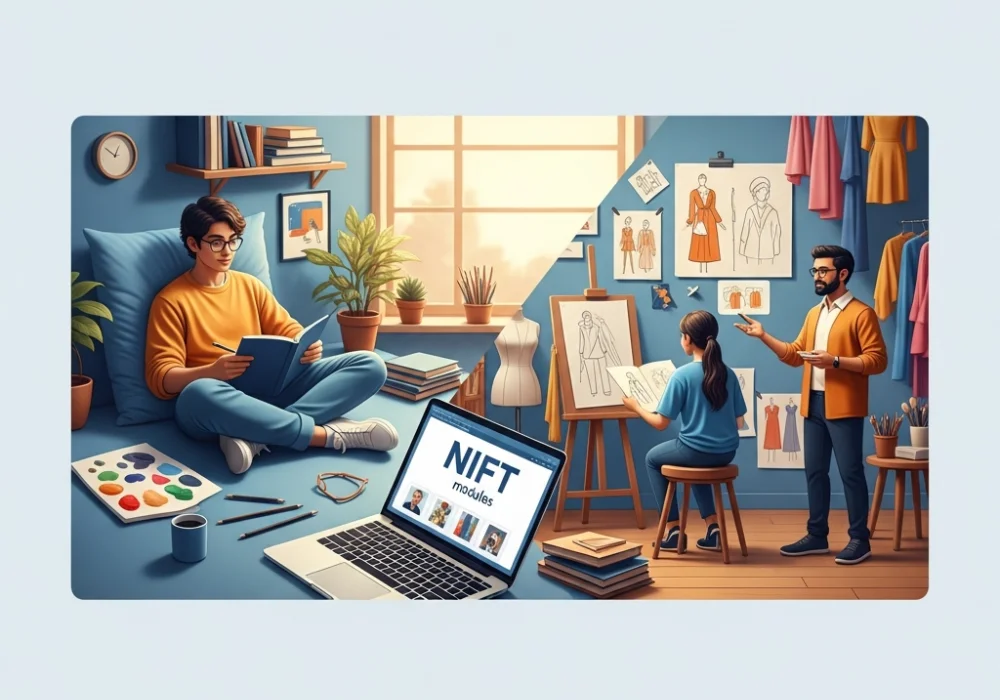 Comparison between a student taking NIFT online coaching at home and another student in an offline classroom studio.