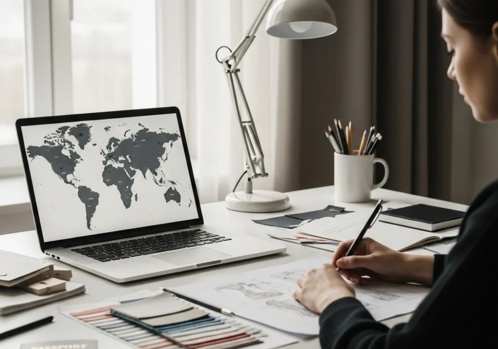 A professional workspace representing NIFT international admissions with a globe and fashion design tools.