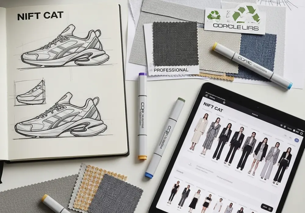 A professional design workspace with NIFT CAT sketches and fashion trend materials.