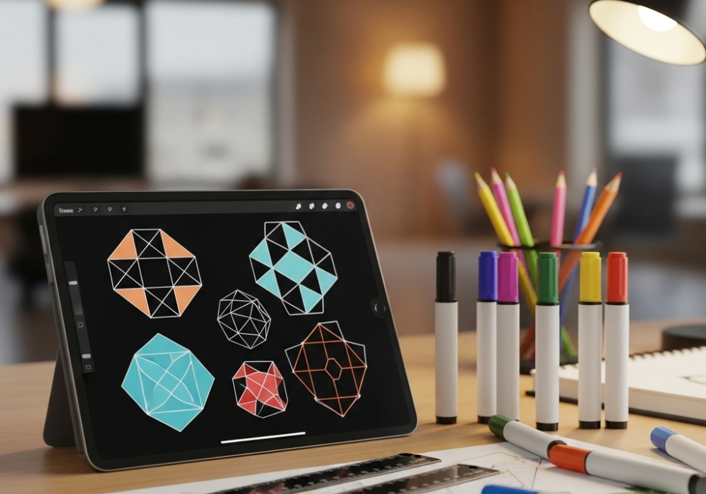 A creative workspace showing logical reasoning puzzles on a digital tablet for NIFT entrance preparation.