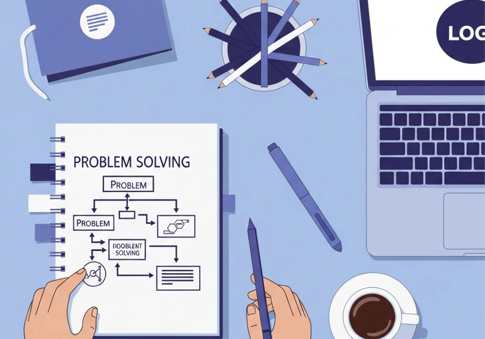 Educational flat-lay showing design tools and a flowchart for NID Situational Judgment preparation.