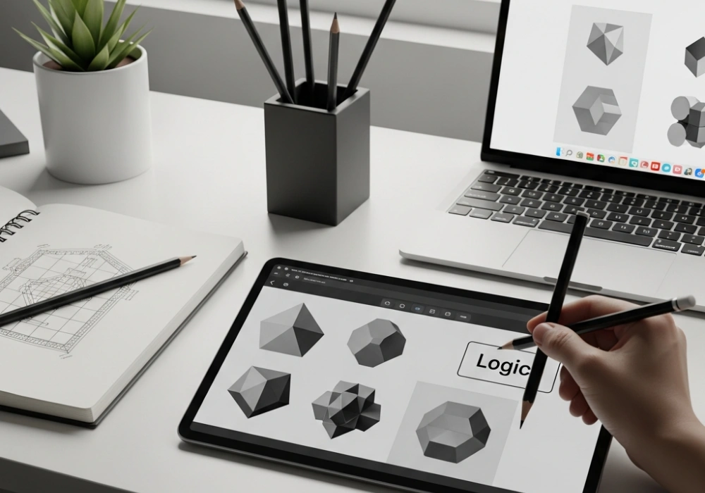 Professional study desk for NID preparation featuring sketches and reasoning tools.