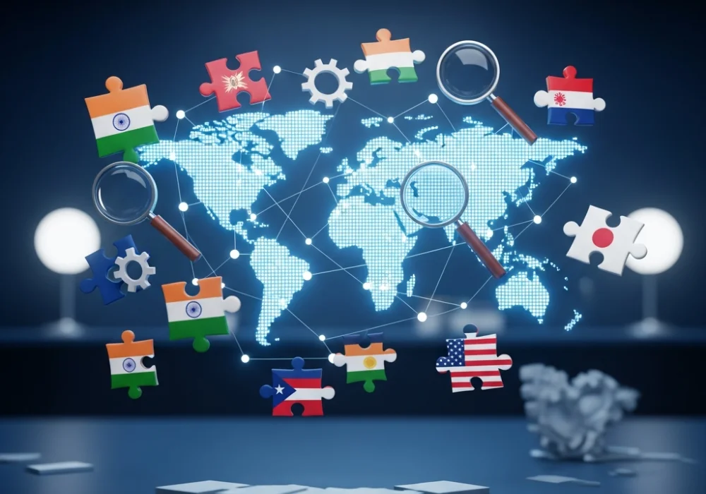Digital world map with logic symbols representing the link between geopolitics and reasoning for SSC exams.