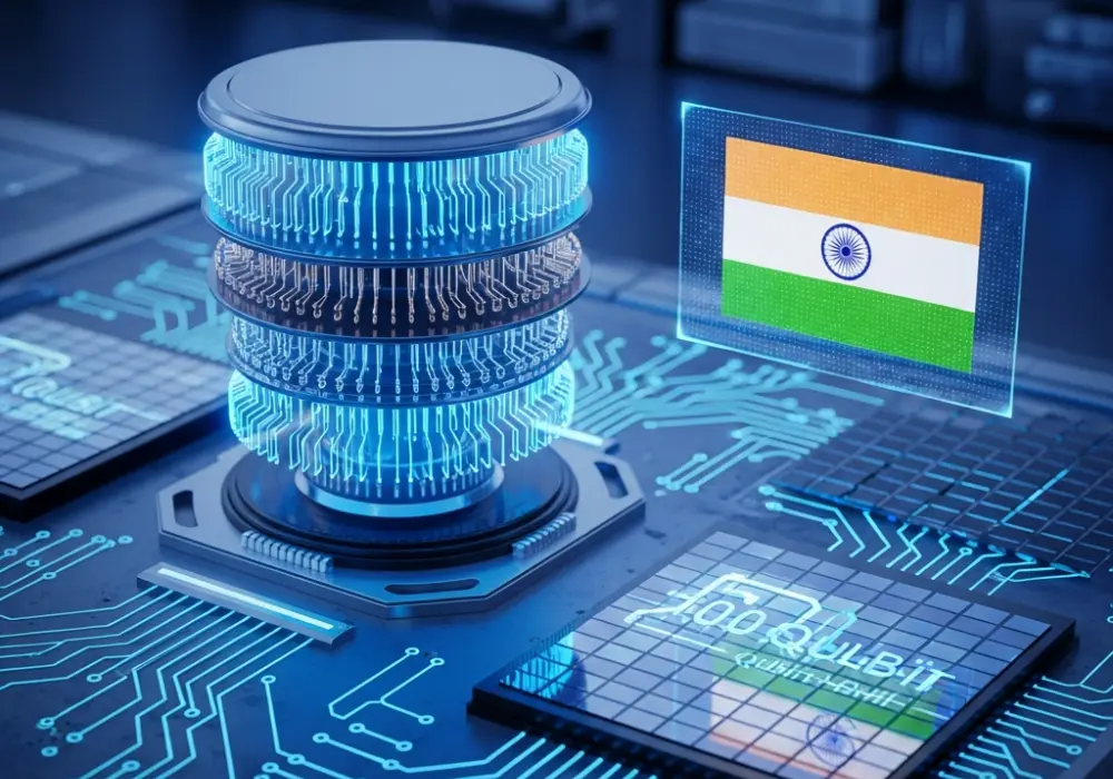 Illustration of India's Information Technology advancements in 2026 including Quantum Computing and Semiconductors.