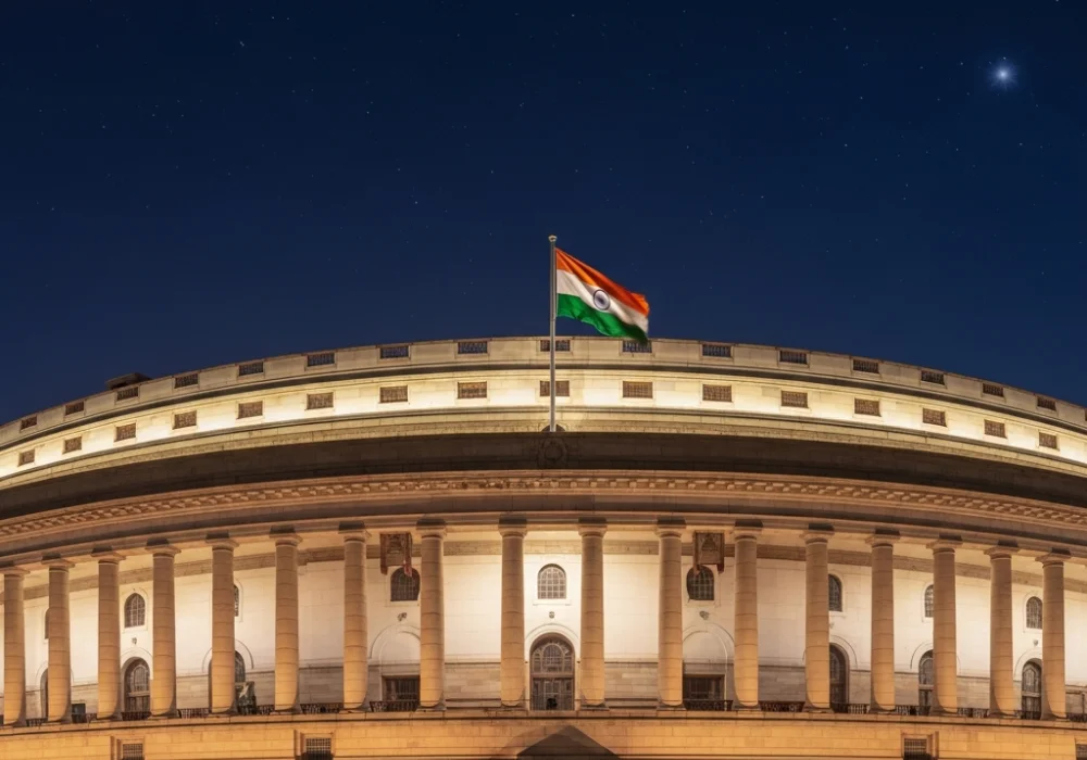 Indian Parliament at midnight symbolizing independence and the transfer of power.