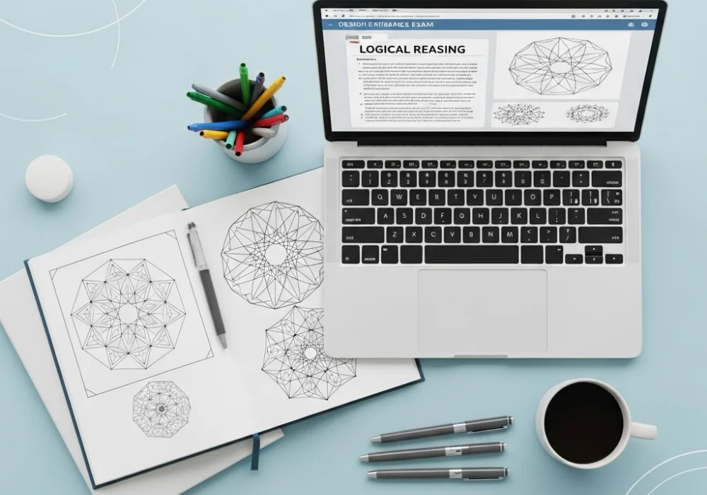 NIFT GAT preparation materials including a laptop with a logic quiz and design tools on a blue background.