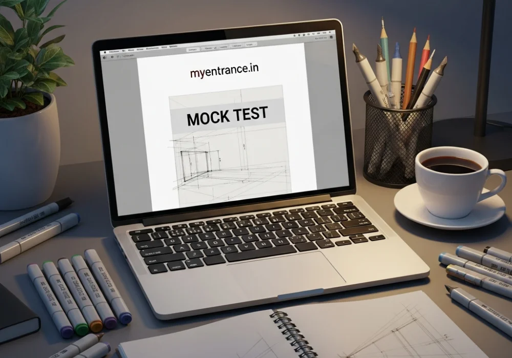 A student's desk with design tools and a laptop displaying a NIFT mock test from myentrance.in.