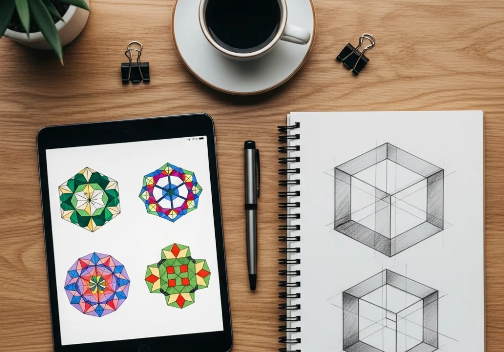 Educational setup with digital tablet and sketchbook for NID DAT logical reasoning preparation.