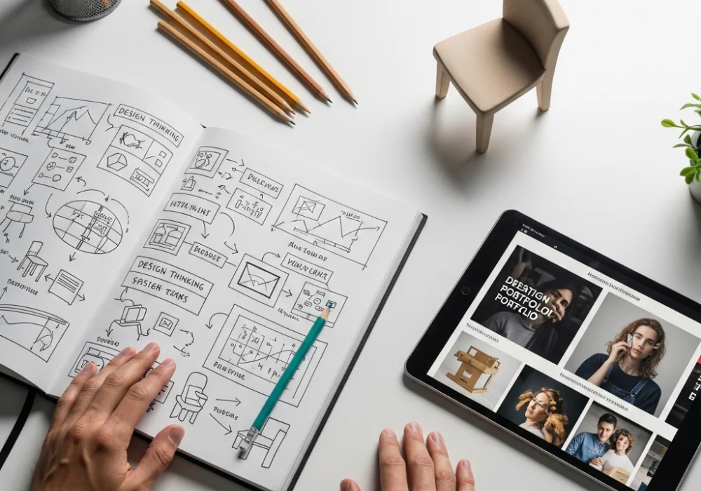 A creative workspace showing NID preparation materials including sketches, models, and a design portfolio.