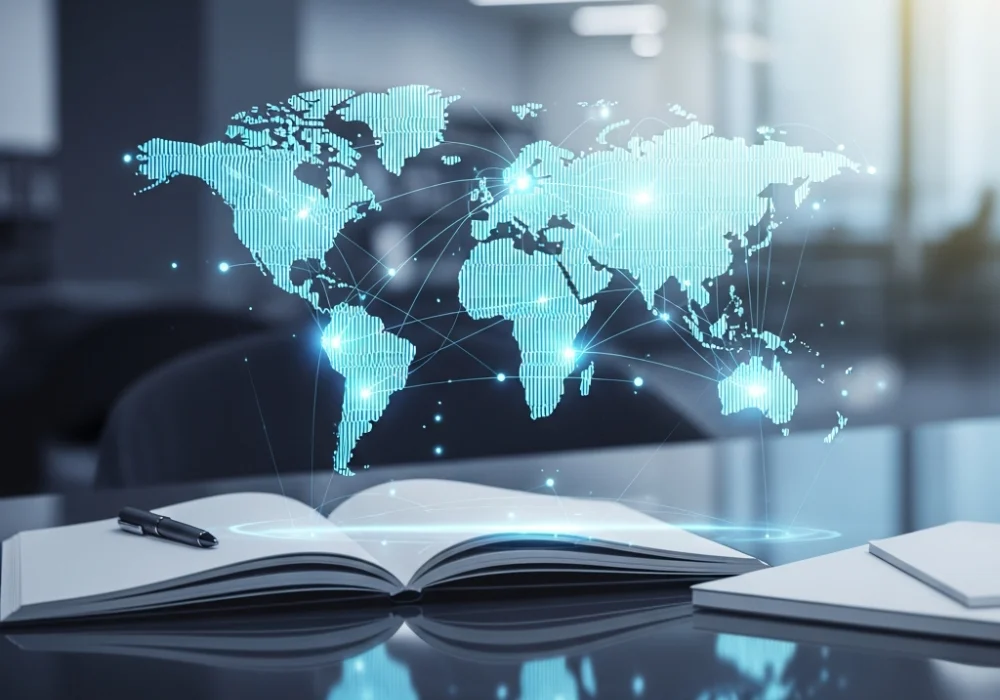 A conceptual image showing a global map with data connections, representing geopolitical strategy for SSC exam preparation.