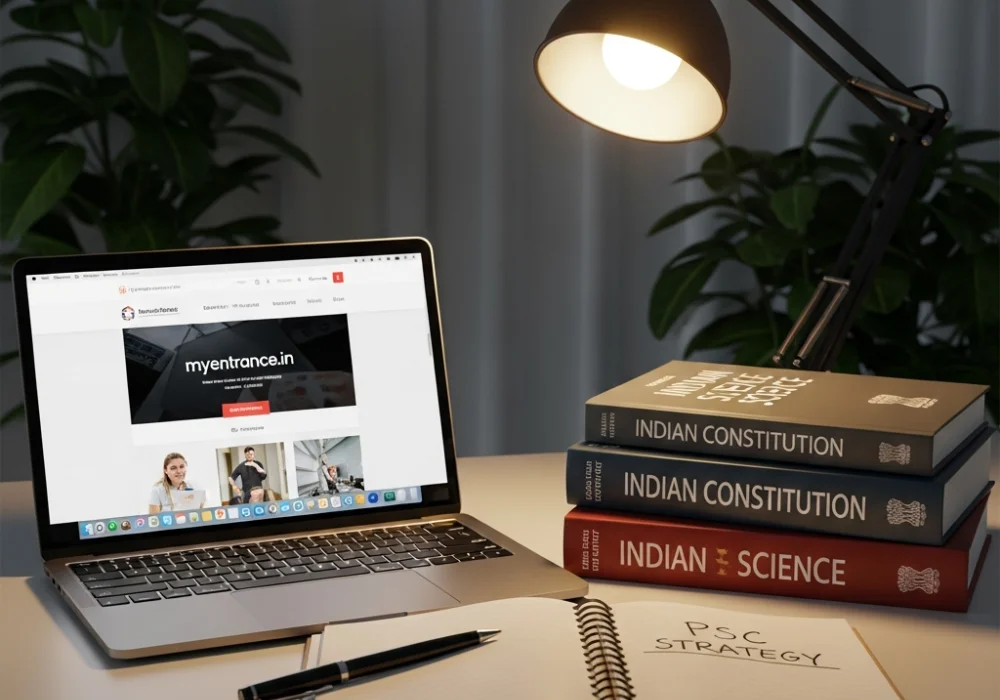 Kerala PSC Degree Level Exam study environment with books, laptop, and notepad for English medium preparation.