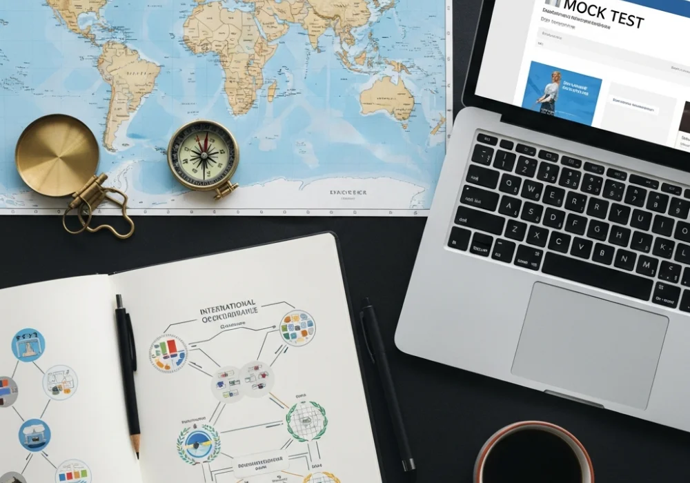 A student workspace featuring a world map and study materials for Static GK and competitive exams like SSC and NIFT.