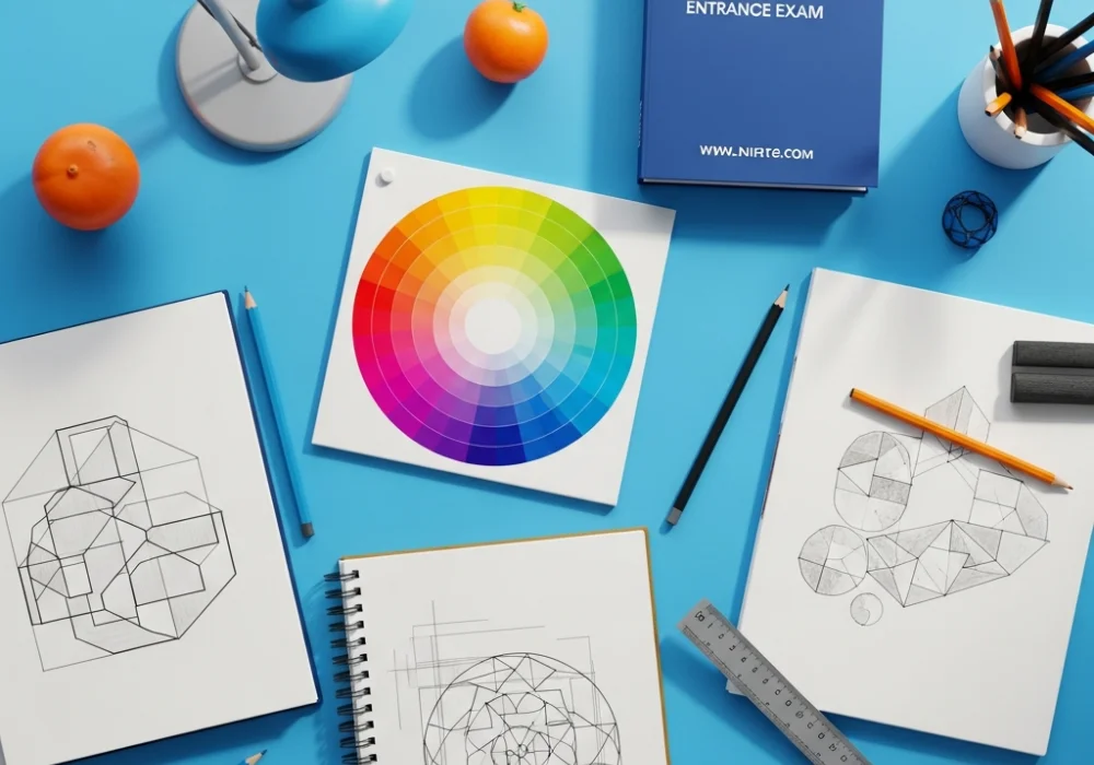 Educational design and composition materials including a color wheel and sketchbooks on a student's desk.