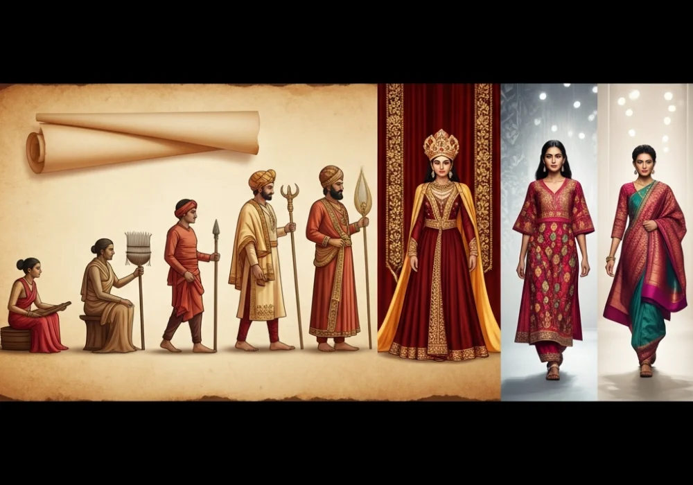 Chronological illustration of Indian textile evolution for NIFT exam preparation.