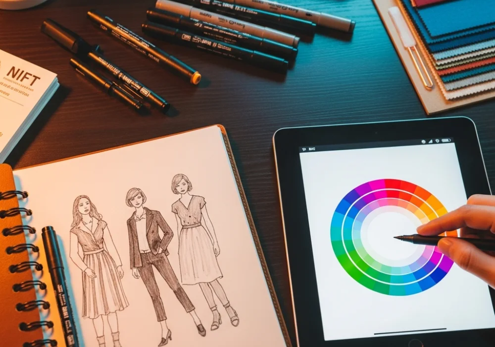 Professional designer workspace with sketching tools and fashion illustrations for NIFT exam preparation.