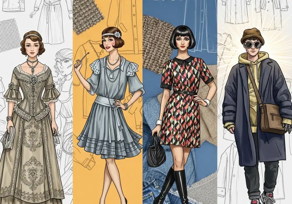 Interactive fashion movements timeline for NIFT exam preparation showcasing evolution from 1890 to present day.