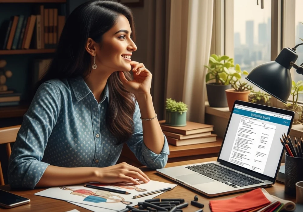 A successful Indian fashion student at her desk with sketches and a laptop, celebrating her NIFT exam victory.