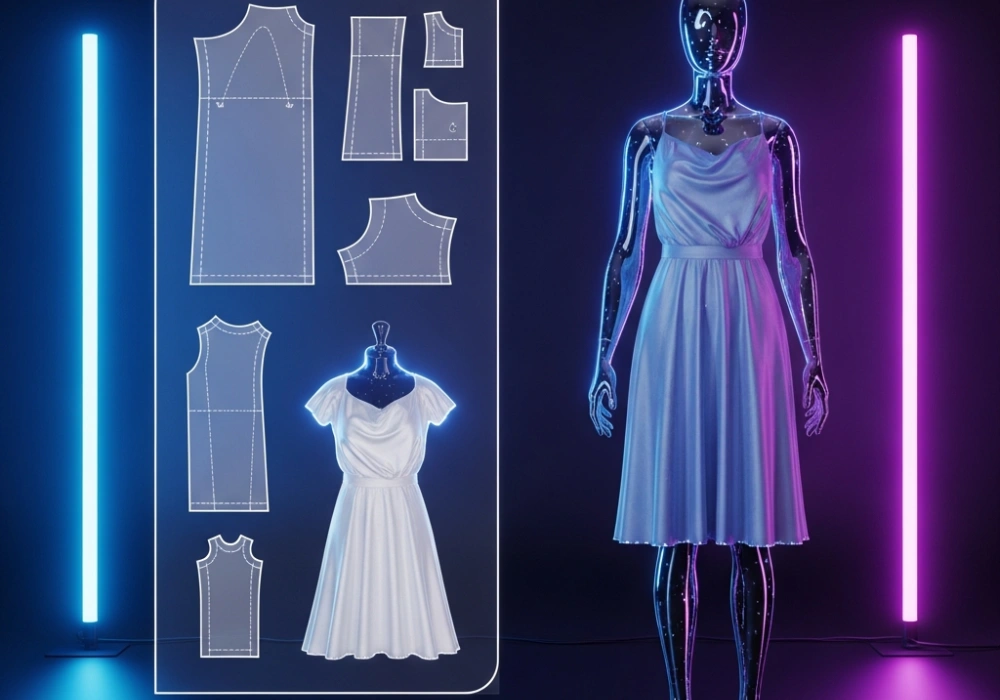 3D garment simulation software interface showing a digital avatar and pattern pieces for NIFT GAT preparation.