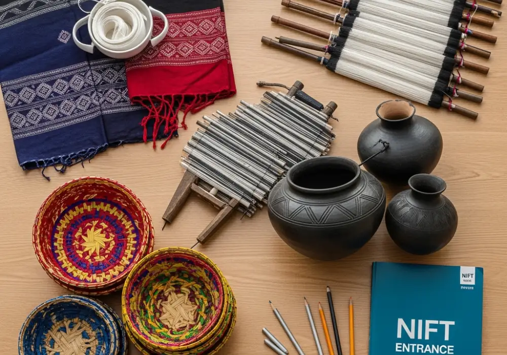 Collage of North East Indian crafts including silk, pottery, and bamboo weaving for NIFT exam preparation.