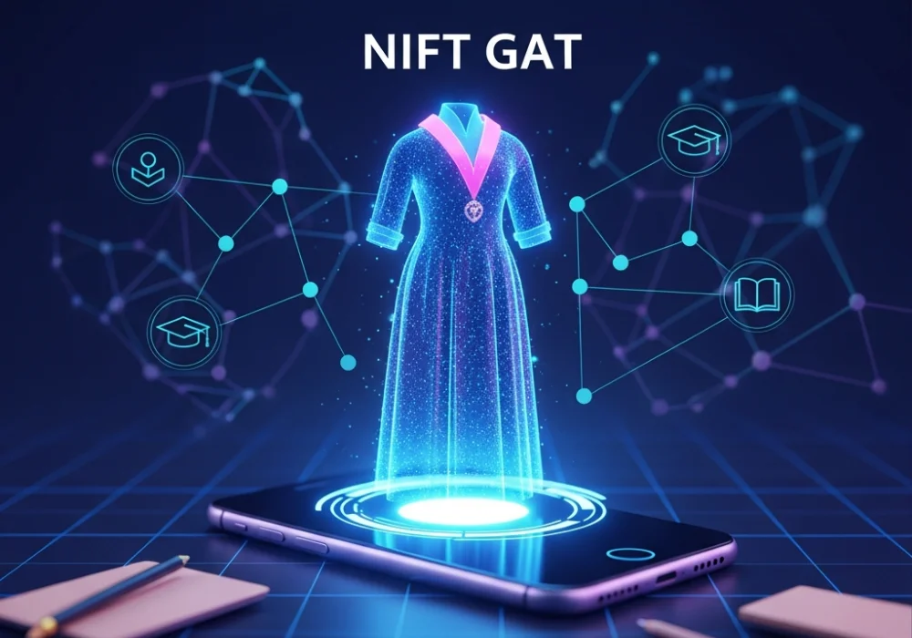 Educational graphic showing a digital luxury gown as an NFT with blockchain nodes, designed for NIFT GAT exam preparation.