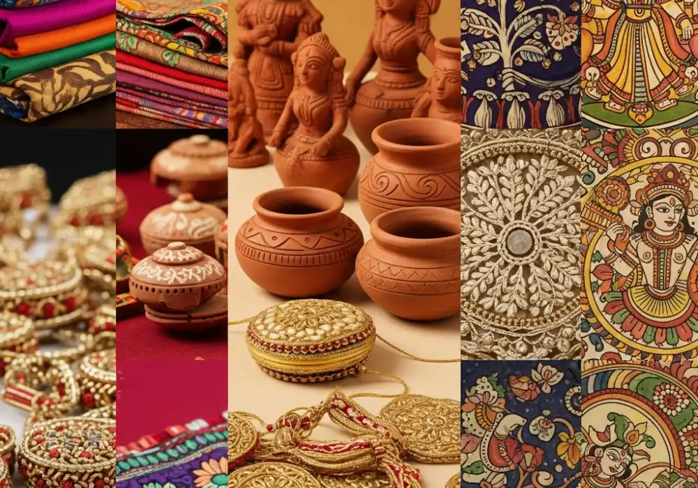 Collage of traditional Indian crafts for NIFT GAT preparation