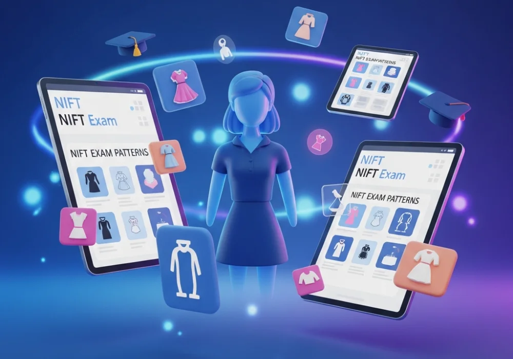 Educational graphic for NIFT GAT preparation showing virtual influencer marketing concepts and digital study materials.