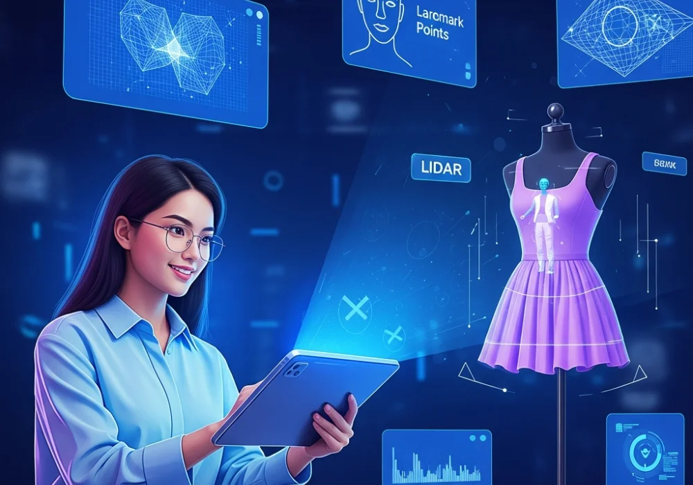 Digital illustration of AR fashion technology for NIFT GAT preparation.