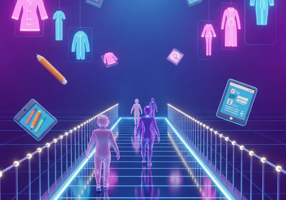 Futuristic digital fashion runway in the metaverse with student avatars and exam prep elements.