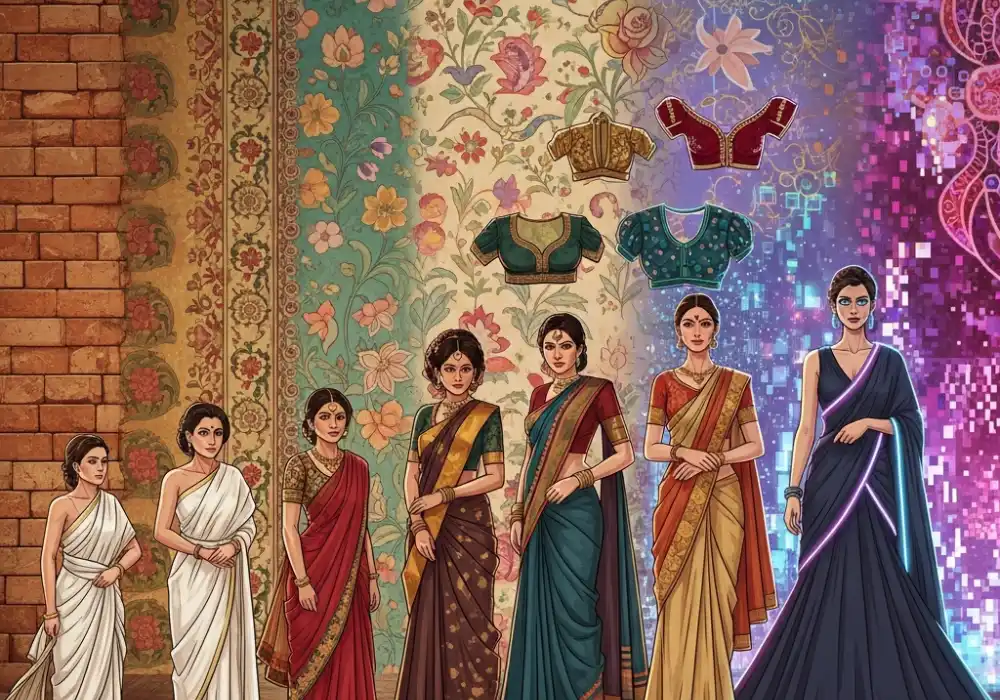 Chronological evolution of the Indian saree from the Indus Valley Civilization to modern day designer drapes.