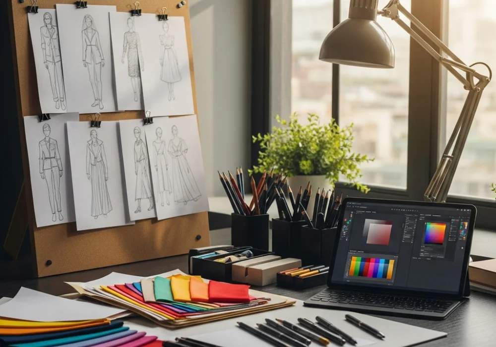 A professional fashion design workspace illustrating NIFT entrance preparation.
