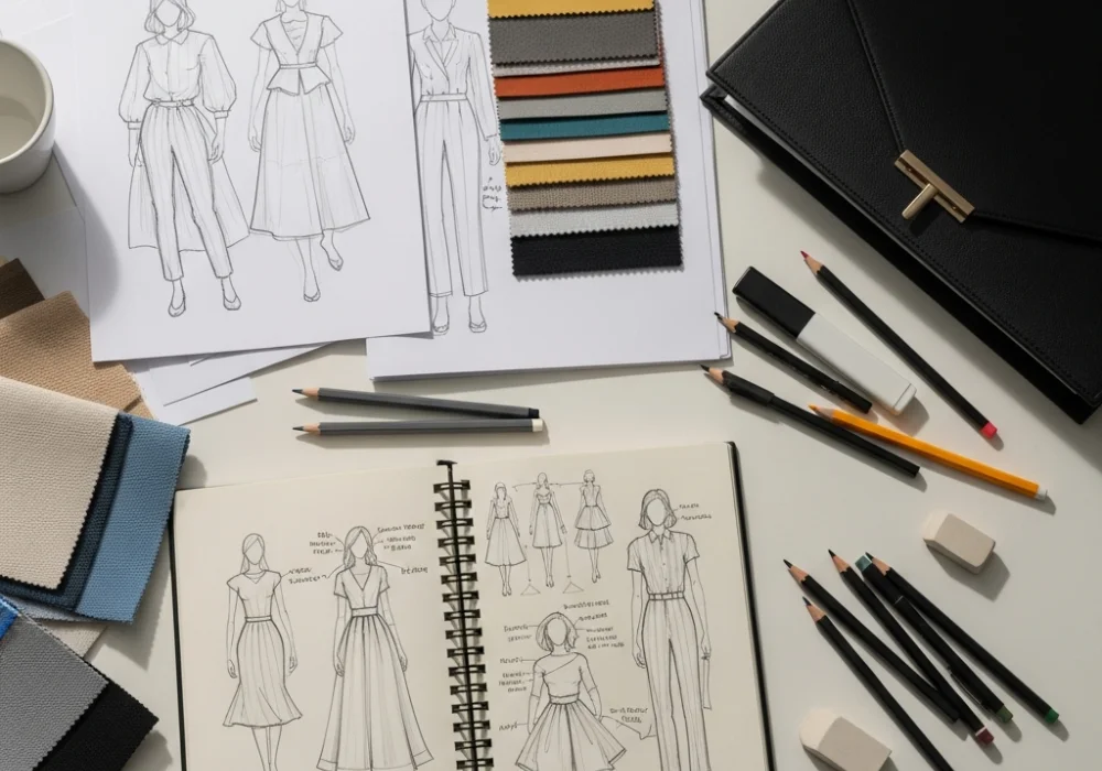 A professional fashion designer's workspace with sketches, fabric swatches, and a NIFT design portfolio.