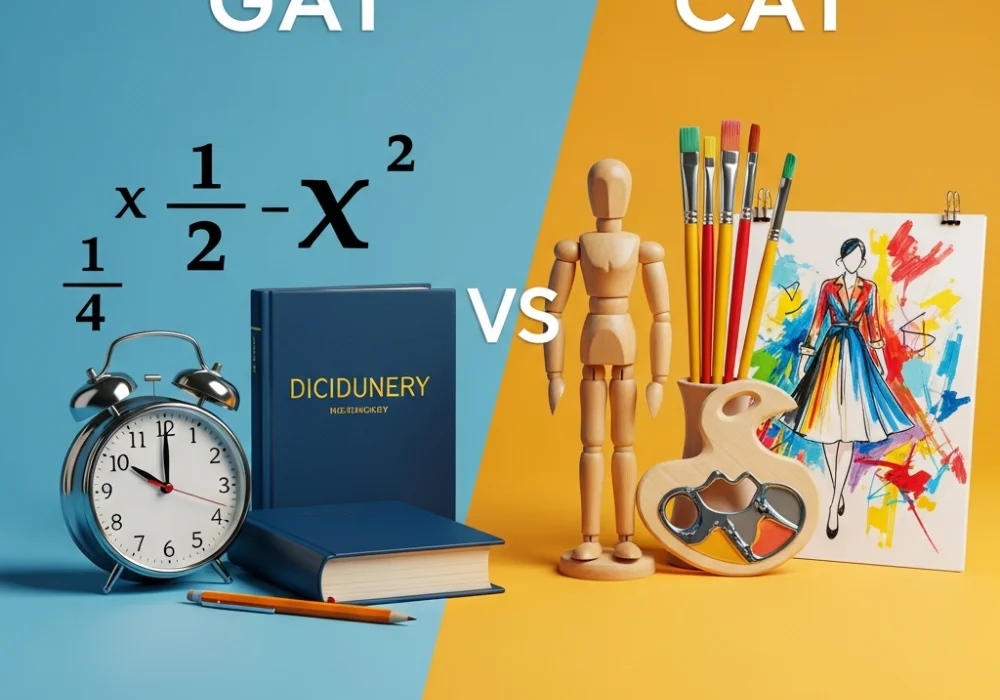 A conceptual illustration comparing NIFT General Ability Test (GAT) and Creative Ability Test (CAT) with educational and artistic elements.