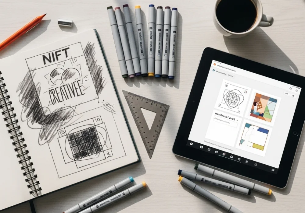 NIFT self-study preparation materials including a sketchbook, markers, and digital mock tests.