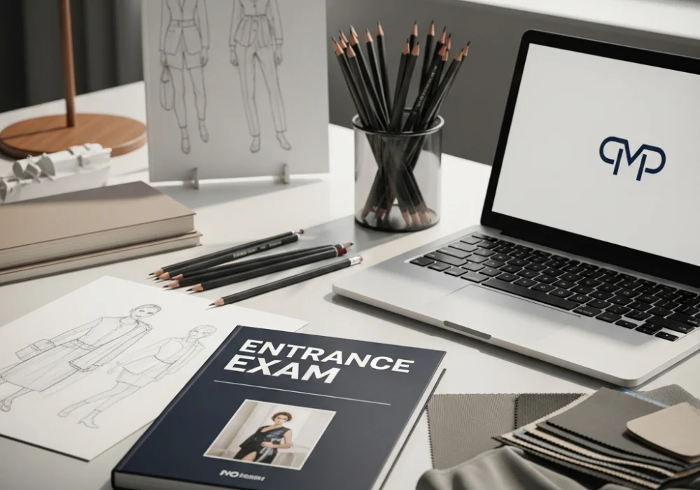 A curated workspace for NIFT exam preparation including sketching tools, design books, and digital study resources.