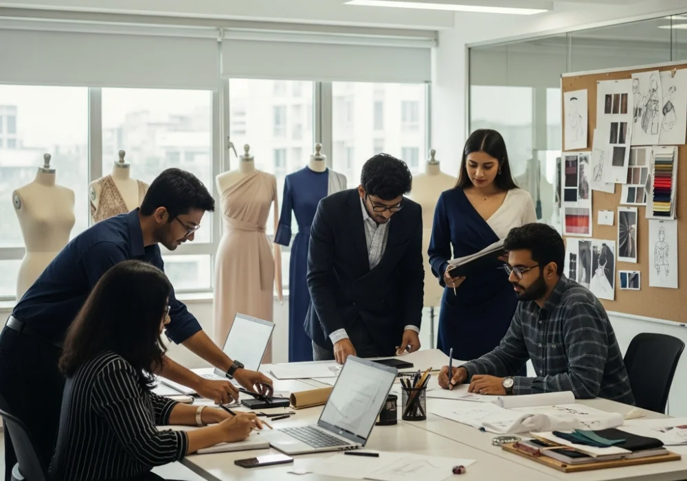 NIFT students working in a modern design studio with dress forms and mood boards, illustrating campus life and academic rigor.