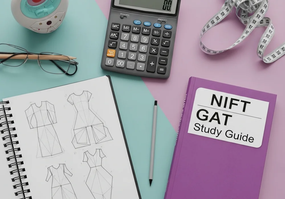 NIFT GAT quantitative ability study materials including calculator and fashion sketches.
