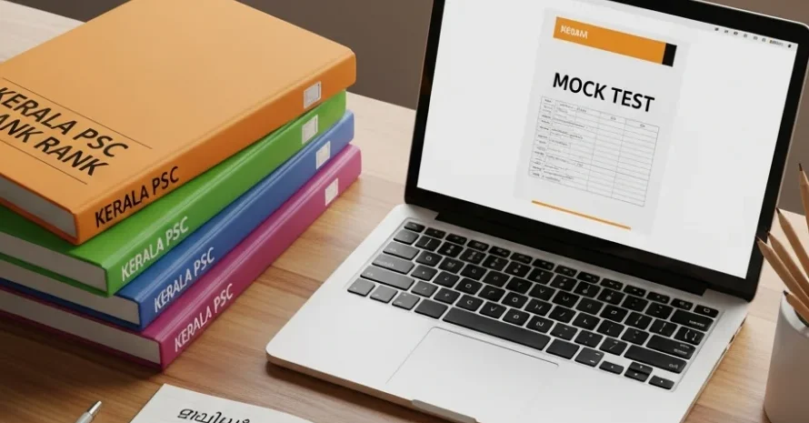 Best Kerala PSC Rank Files and study materials on a study desk for competitive exam preparation.