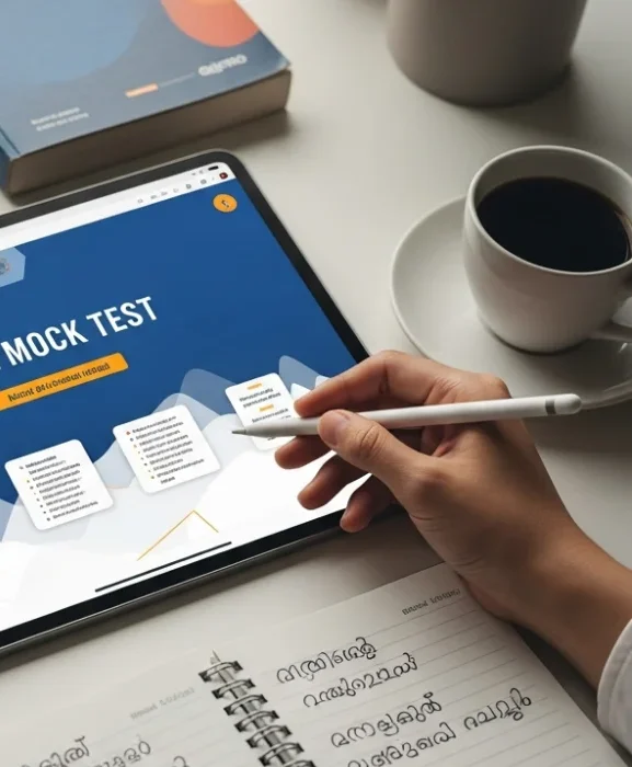 Digital mock test for Kerala PSC Degree Level Mains on a tablet with study materials.