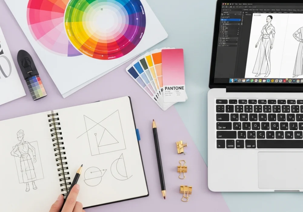 A professional flat-lay of design tools, color wheels, and sketchbooks for NIFT entrance exam preparation.