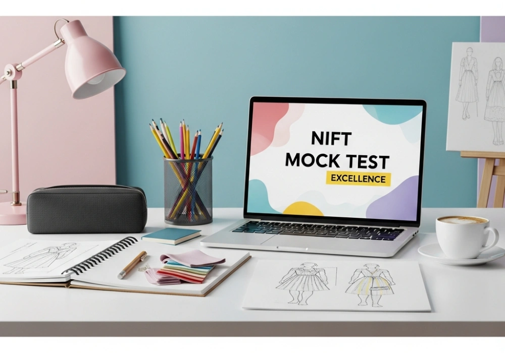 Student desk with fashion design tools and laptop for NIFT GAT exam preparation.