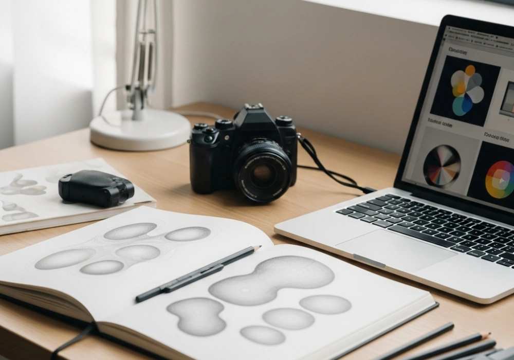 A professional design student workspace with a sketchbook, charcoal pencils, and a digital portfolio, representing NID DAT preparation.